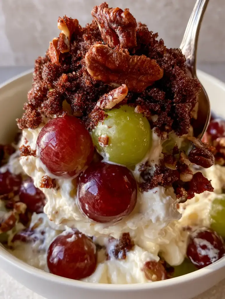 A handheld smartphone photo showing a thick scoop of grape salad with crunchy dark brown sugar and toasted pecan pieces glinting in natural light.