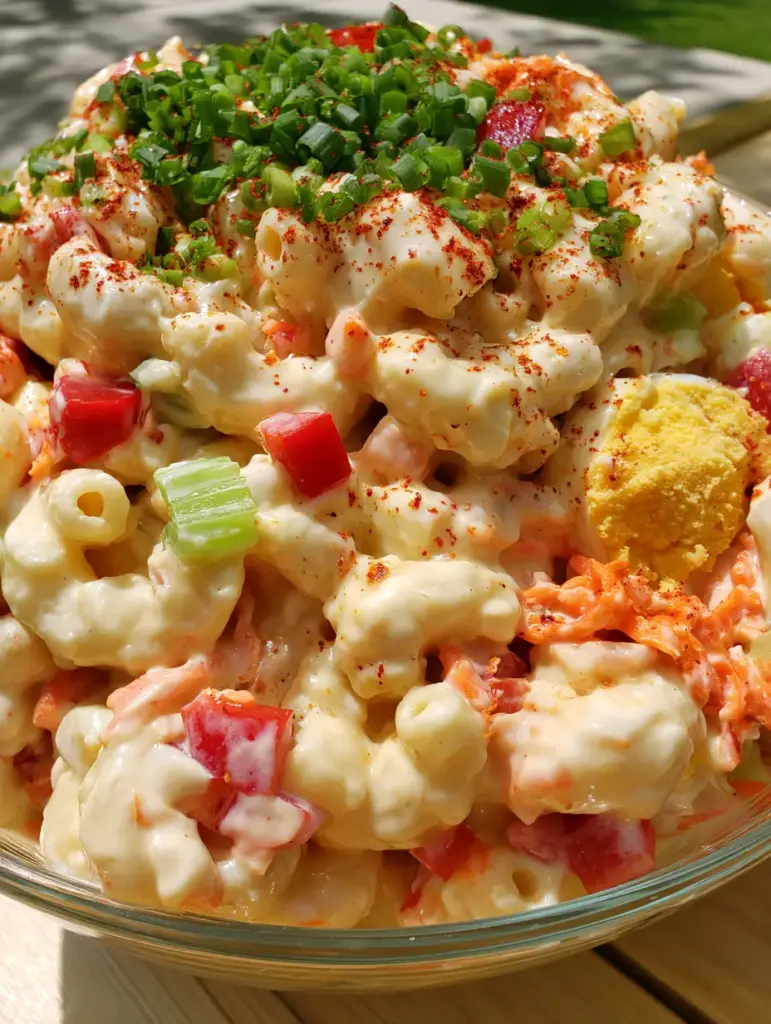 Amish Macaroni Salad: The Ultimate Creamy and Sweet Deli-Style Recipe 2 Close up of glossy pale-ivory dressing coating elbow macaroni in an Amish macaroni salad.