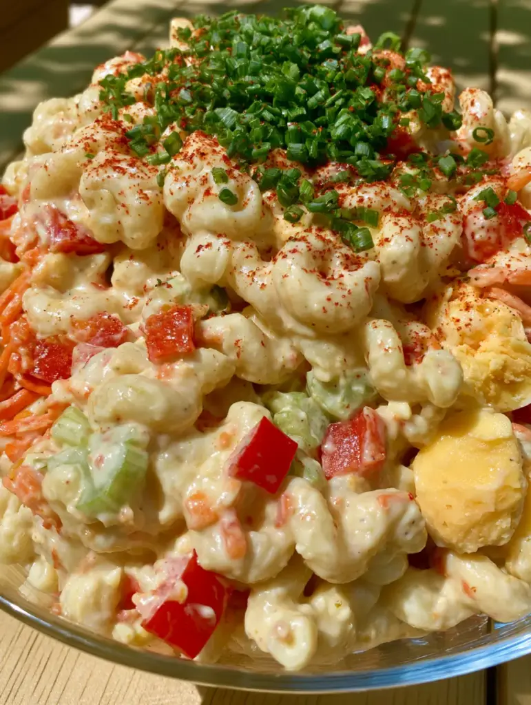 Amish Macaroni Salad: The Ultimate Creamy and Sweet Deli-Style Recipe 1 Amish macaroni salad garnished with green chives and red smoked paprika in soft summer sunlight.