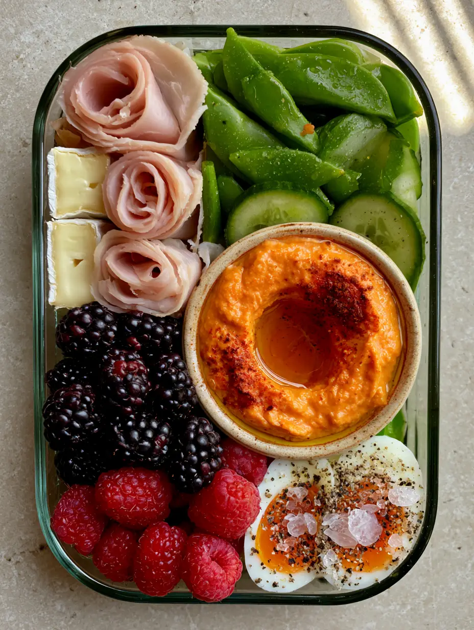 Top-down view of a healthy bento box lunch with smoked turkey ribbons, brie, and fresh berries on a stone countertop.