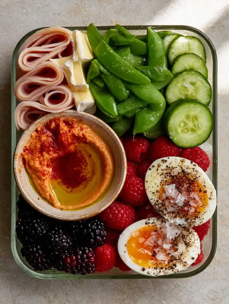 Close-up of jammy eggs seasoned with black pepper and sea salt in a healthy bento box lunch.