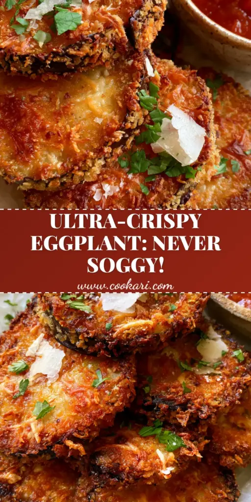 A stack of golden-brown panko-breaded baked eggplant rounds on white parchment paper with marinara sauce.