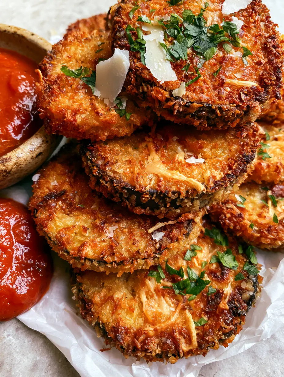 Eye-level close-up of crispy baked eggplant rounds stacked on parchment with parsley garnish.