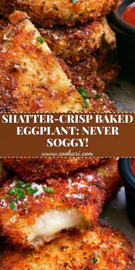 Crispy Baked Eggplant with Jagged Panko Crust and Smooth Marinara 5 A tall stack of crispy baked eggplant rounds with visible golden panko shards and a side of red marinara.