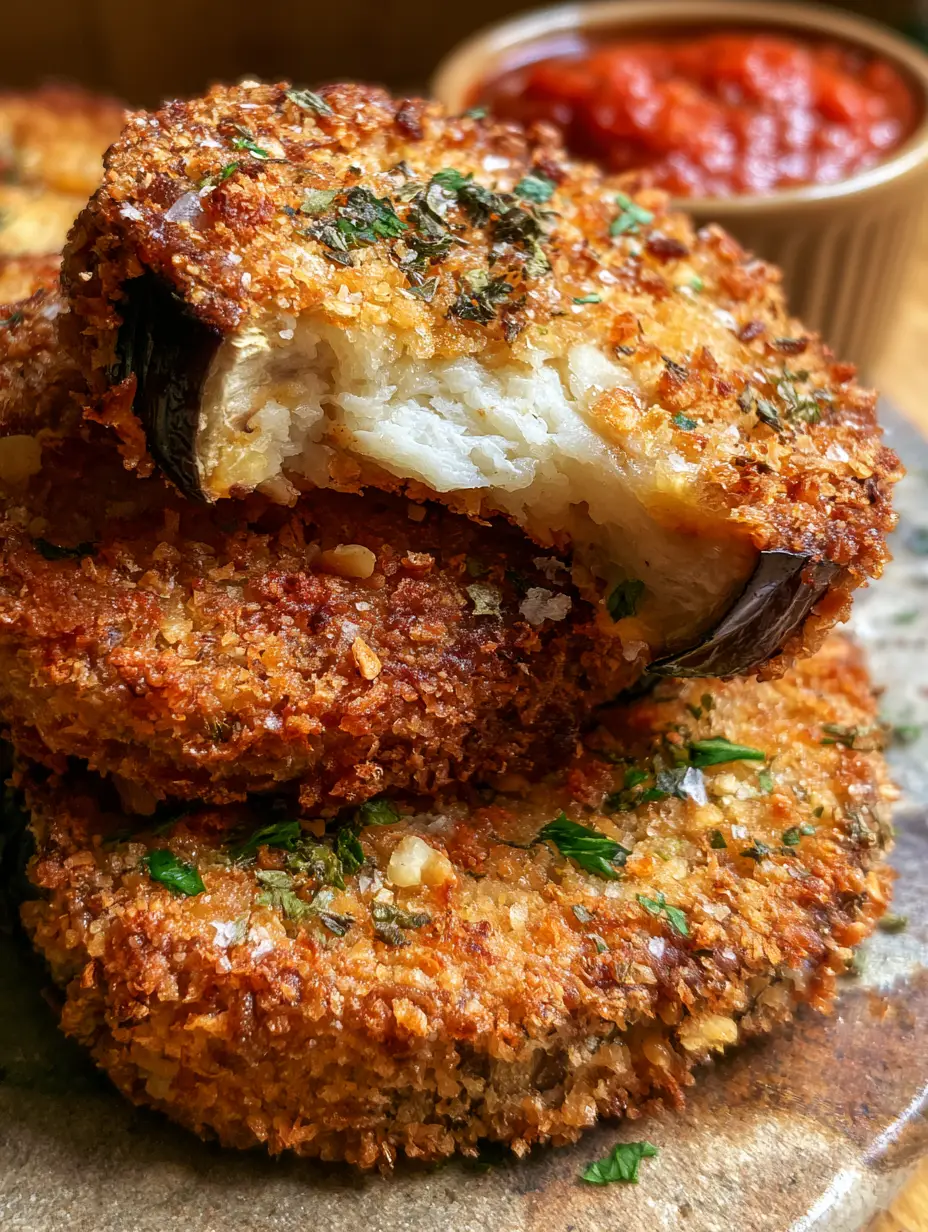 Extreme macro close-up of Crispy Oven Baked Eggplant showing the jagged panko texture and toasted garlic bits.