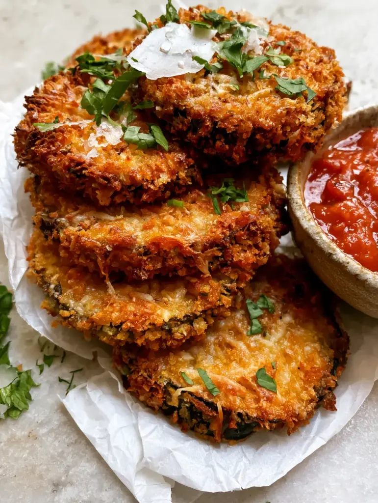 Crispy baked eggplant rounds next to a rustic bowl of vibrant red marinara sauce.