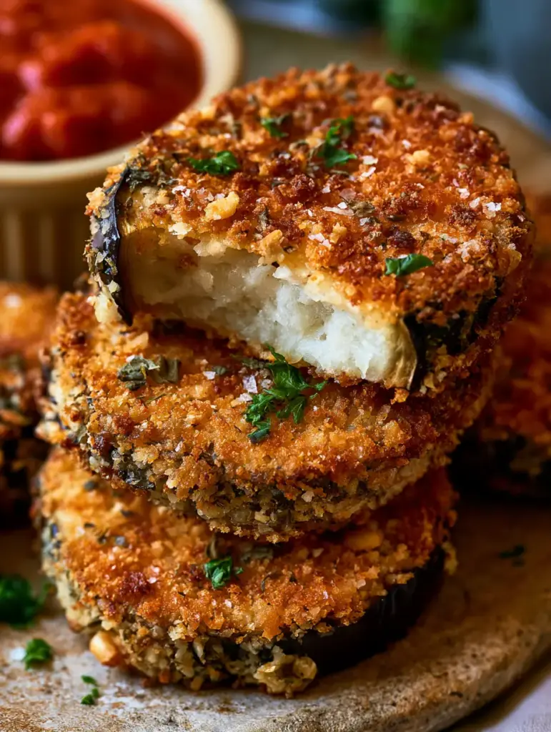 A thick slice of Crispy Oven Baked Eggplant snapped in half to reveal a steaming, firm white interior and a deep purple skin edge.