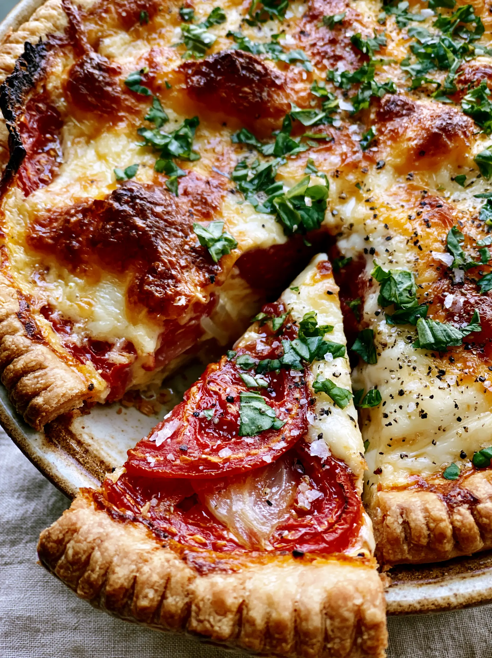 Southern Tomato Pie Recipe: The Ultimate Guide to a Crispy, Flaky Heirloom Classic 4 Close up shot of firm sliced heirloom tomatoes layered with translucent onions inside a thick golden-brown pastry. (Southern Tomato Pie Recipe)