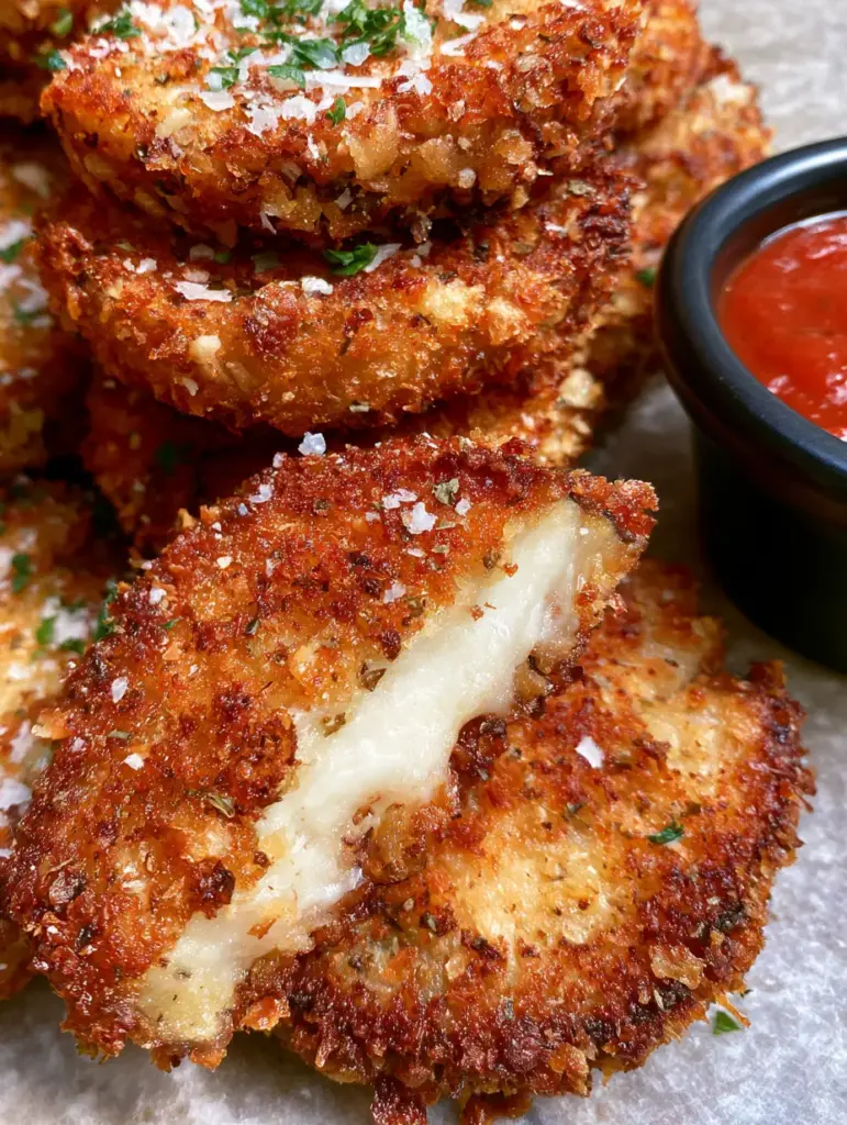 Crispy Baked Eggplant with Jagged Panko Crust and Smooth Marinara 2 Macro photo of crispy baked eggplant showing a shattered edge and creamy white interior.