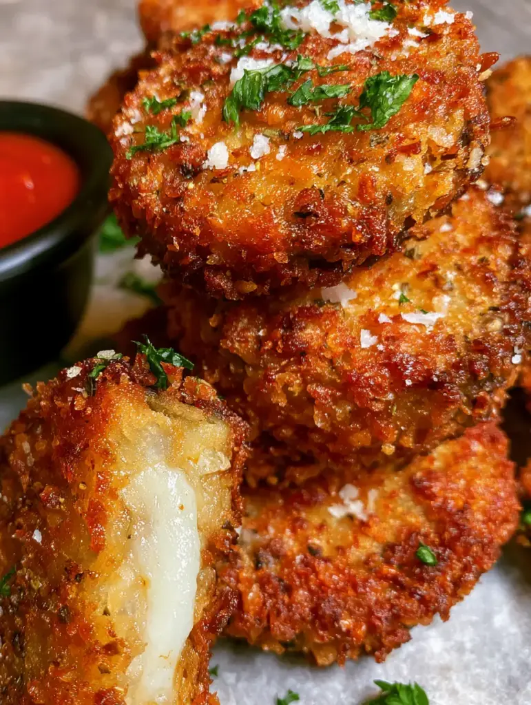 Crispy Baked Eggplant with Jagged Panko Crust and Smooth Marinara 1 Golden-brown panko breaded eggplant rounds garnished with parmesan snow and parsley.