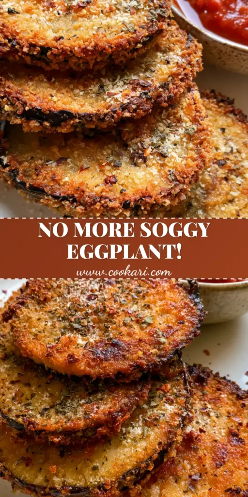 Oven-baked eggplant with Crispy Panko and Zesty Marinara 3 Close-up of golden-brown Oven-baked eggplant slices stacked on a white plate with marinara sauce.