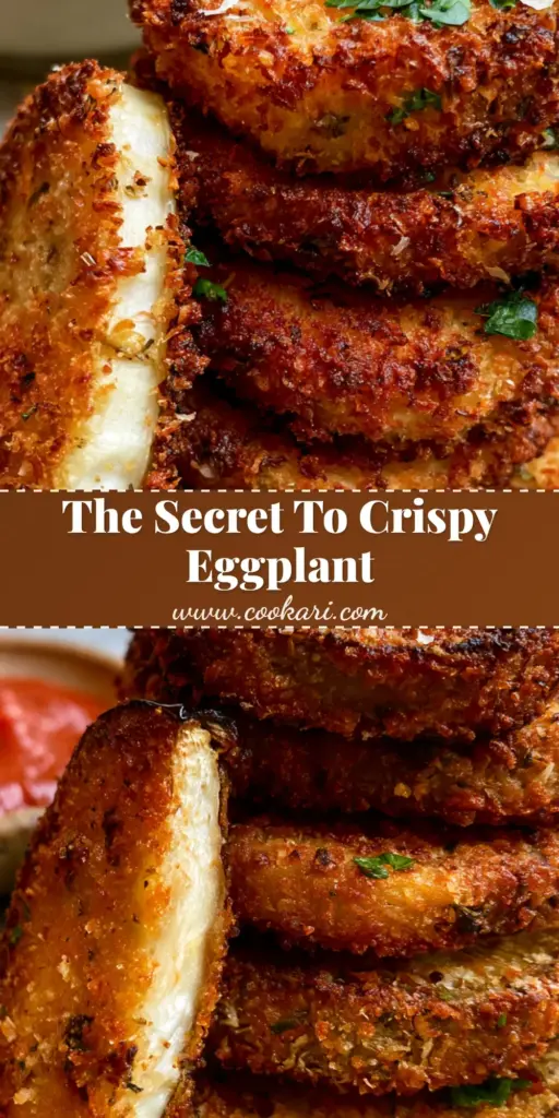 Baked Eggplant Recipe: The Secret to Extra-Crispy Panko Rounds 4 A vertical stack of extra-crispy baked eggplant rounds with visible parmesan and parsley, served with marinara sauce. (baked eggplant recipe)