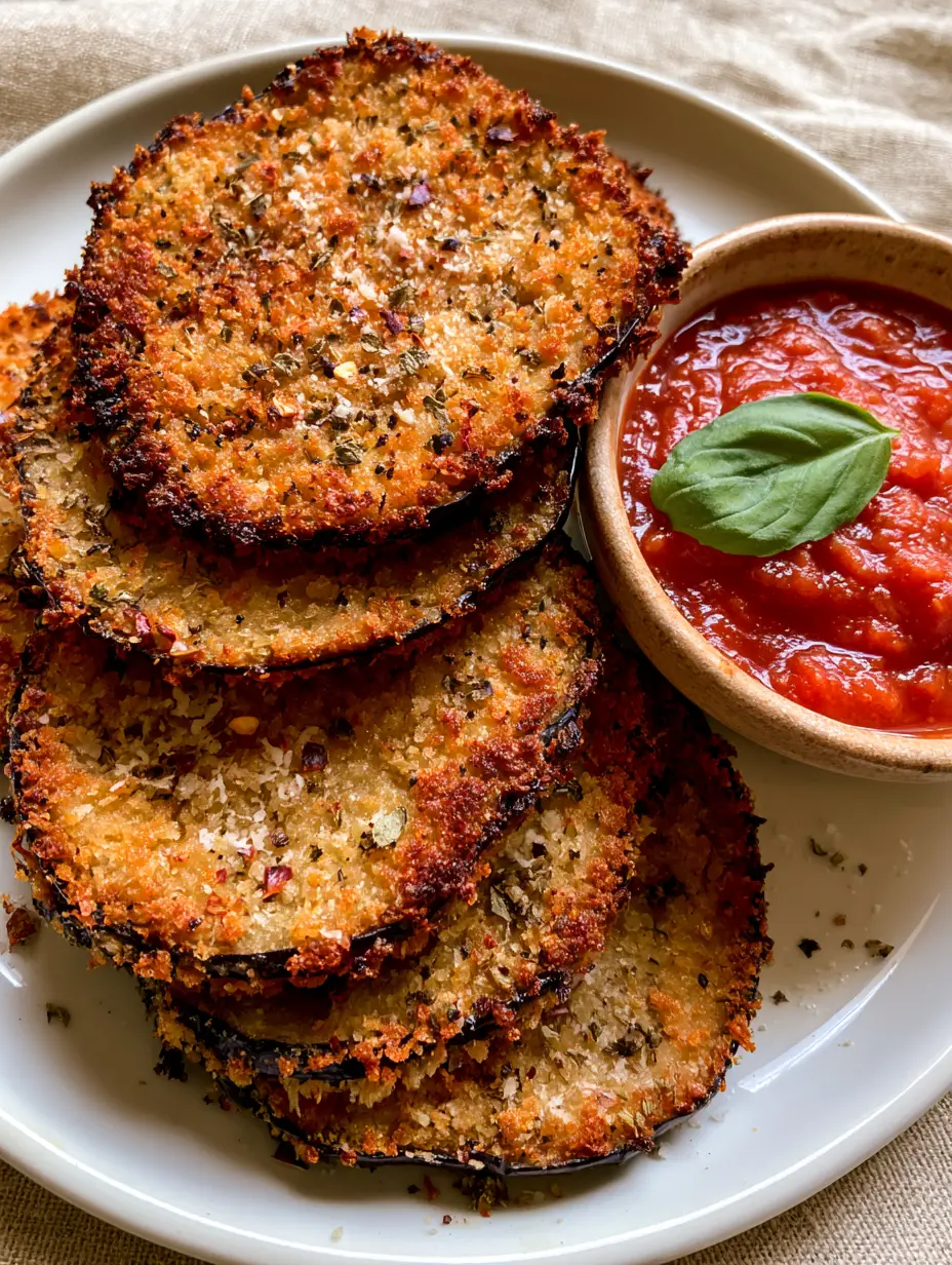 Oven-baked eggplant with Crispy Panko and Zesty Marinara 4 Extreme close-up of thick round Oven-baked eggplant slices with jagged panko crust and charred edges.