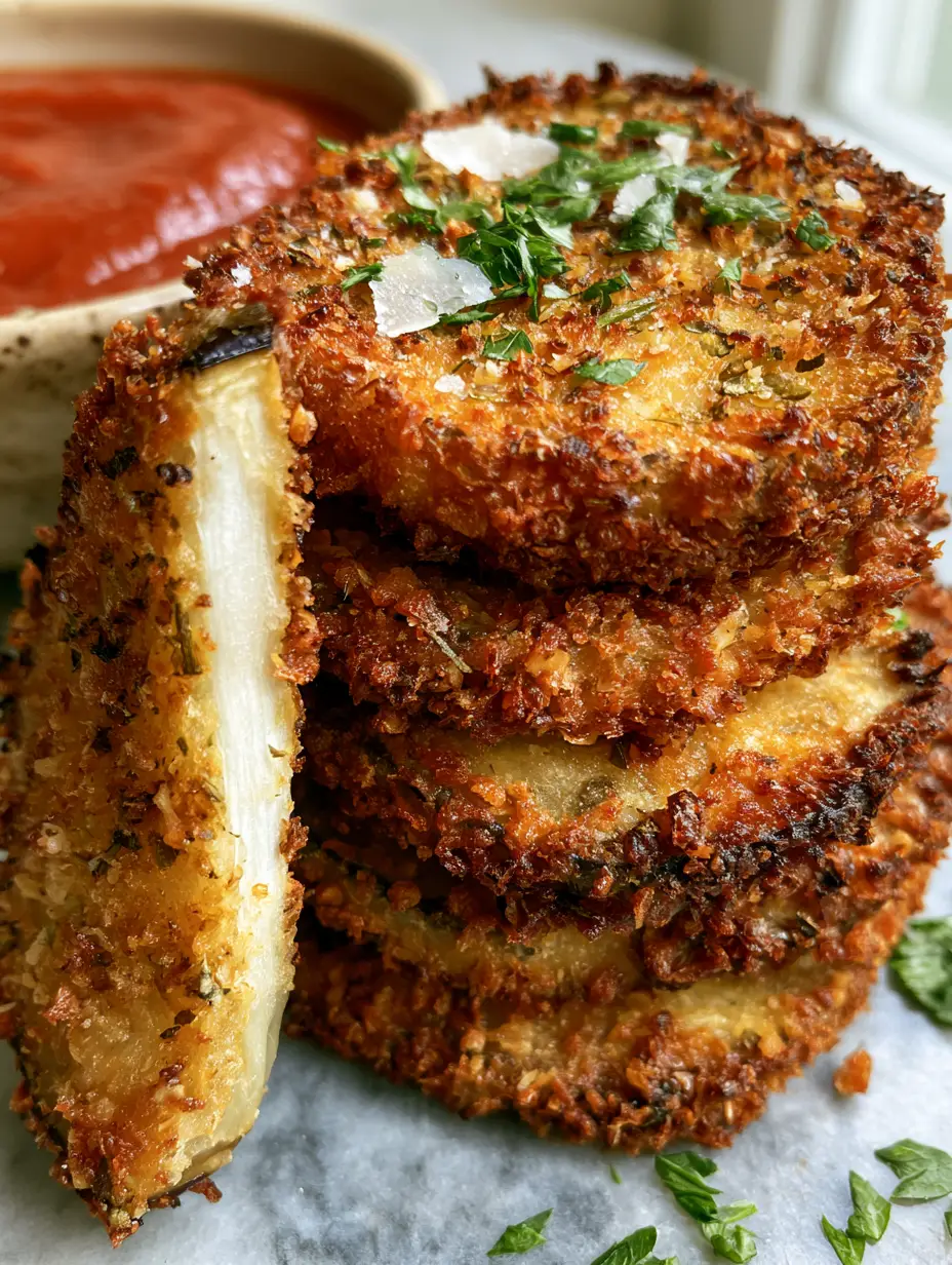 Baked Eggplant Recipe: The Secret to Extra-Crispy Panko Rounds 3 Macro shot of a jagged, golden panko crust on a baked eggplant slice with visible herbs. (baked eggplant recipe)