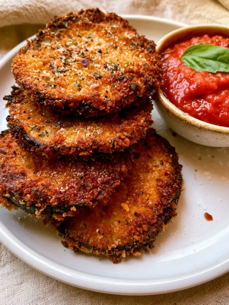 Oven-baked eggplant with Crispy Panko and Zesty Marinara 1 Thick round oven-baked eggplant slices with visible oregano and pepper flecks next to marinara sauce.