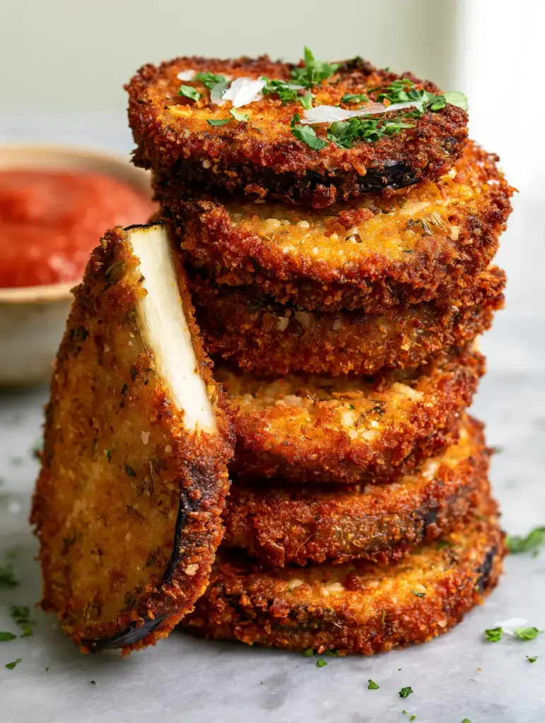 Baked Eggplant Recipe: The Secret to Extra-Crispy Panko Rounds 1 A stack of golden-brown baked eggplant rounds showing a firm white interior and a bowl of red marinara. (baked eggplant recipe)