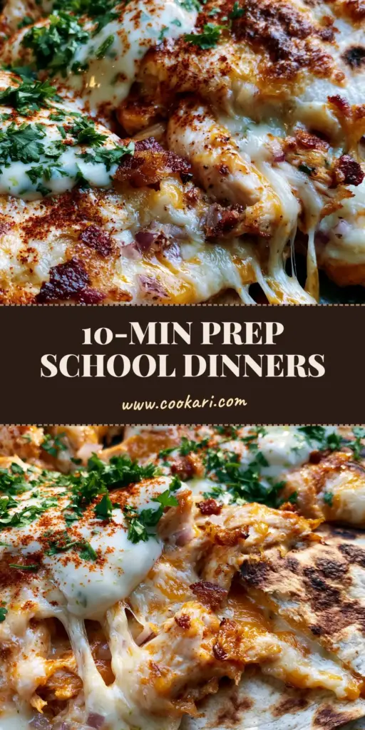Back To School Dinner Ideas: Crispy Sheet-Pan Chicken Bacon Quesadillas 4 A gourmet sheet-pan chicken quesadilla sliced into triangles with lime crema drizzle and cilantro on a dark stoneware tray. (back to school dinner ideas)