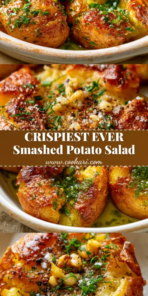 A vertical split-screen showing a rustic ceramic dish of smashed potato salad with golden-brown skins and green herb oil, and a macro shot of the crispy texture. (Smashed Potato Salad)