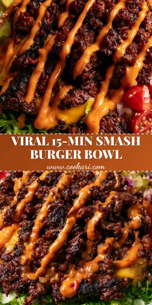 A vibrant Smash Burger Bowl with crispy beef, melted cheese, and orange secret sauce on a bed of romaine lettuce.