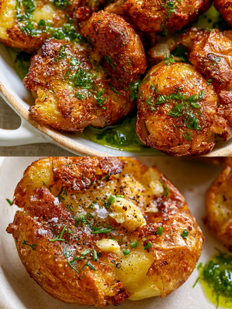Close-up overhead shot of golden-brown smashed potatoes in a white dish glistening with green garlic oil. (Smashed Potato Salad)