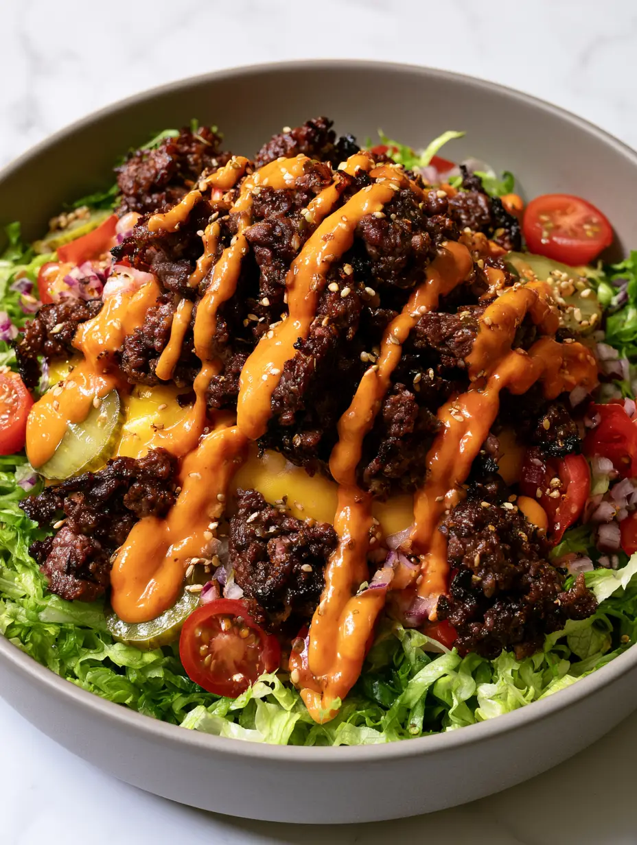 Top-down view of a Smash Burger Bowl in a matte grey ceramic bowl showing zig-zags of secret sauce and crispy beef edges.
