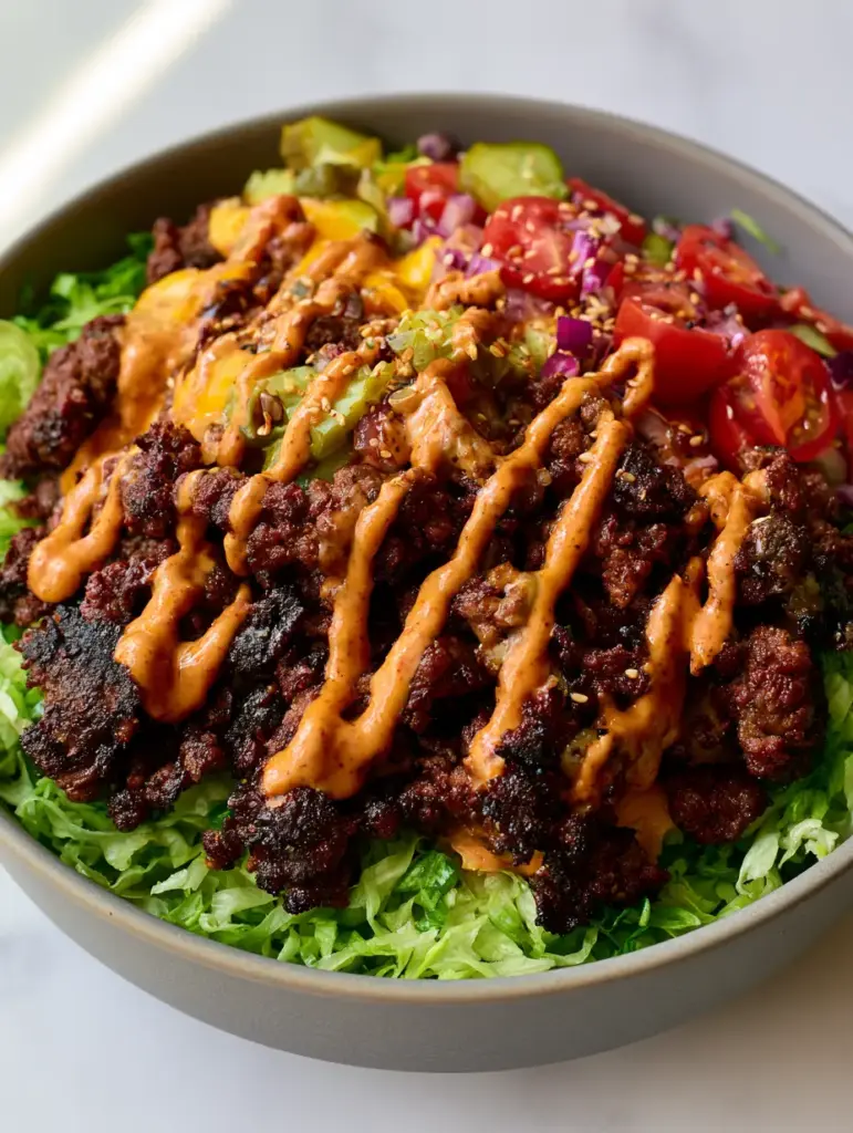 Close-up of caramelized ground beef crumbles and melted sharp cheddar in a Smash Burger Bowl.