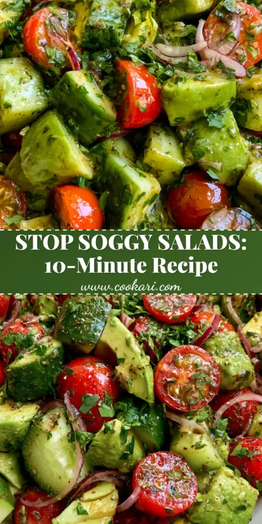A vibrant Cucumber Tomato Avocado Salad in a white bowl showing glistening tomatoes and buttery avocado chunks.