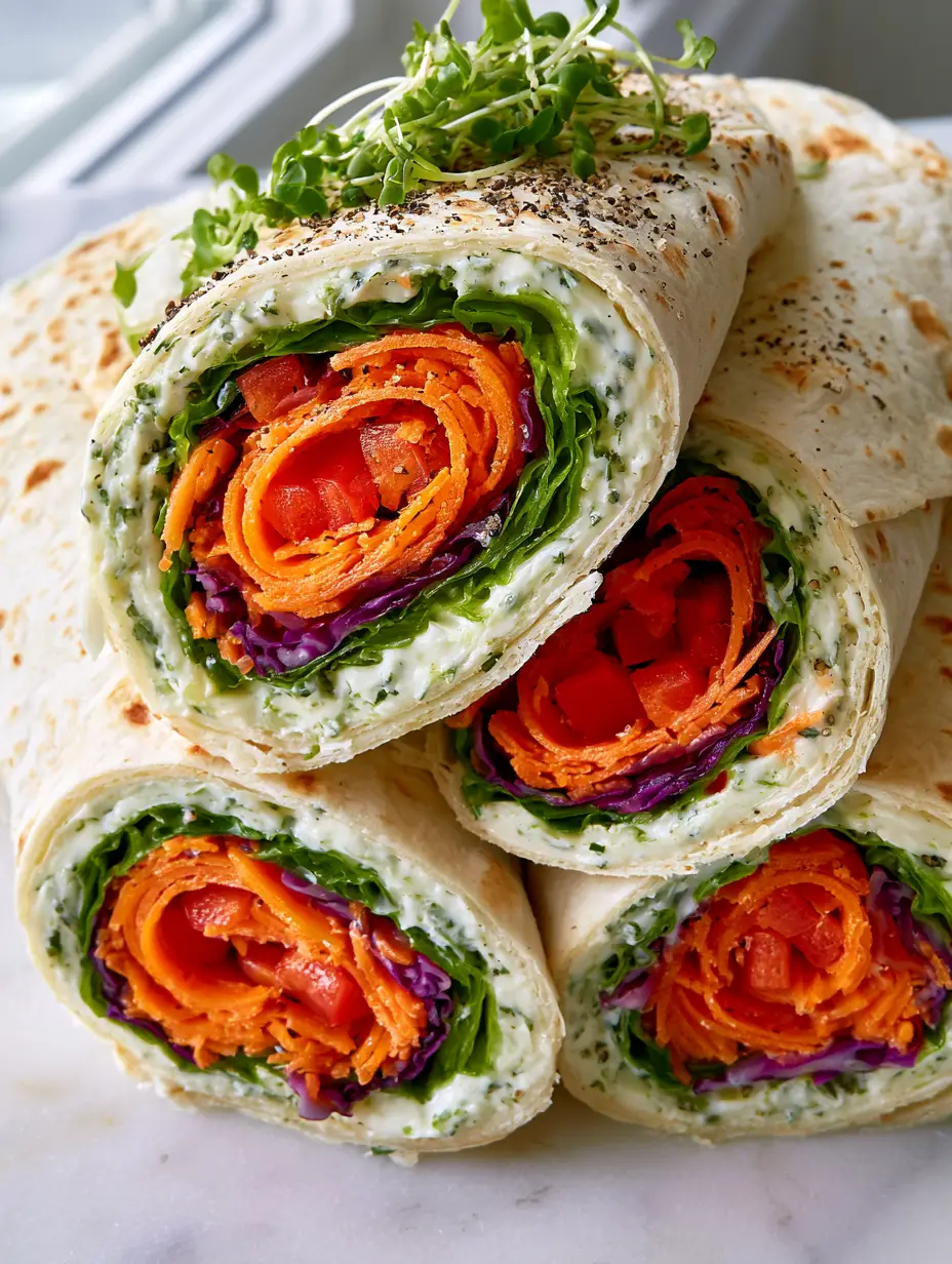Macro top-down shot of Vegetable Tortilla Roll Ups with herb cream cheese and fresh micro-greens garnish.