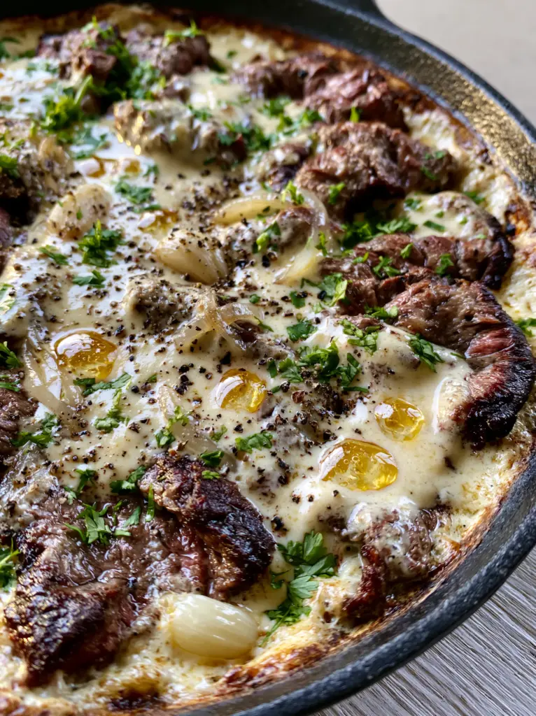 Bistec con Salsa Cremosa: The Ultimate Garlic Cream Steak in a Cast Iron Skillet 1 Close-up of caramelized beef strips draped in a velvety ivory sauce with fresh cilantro.