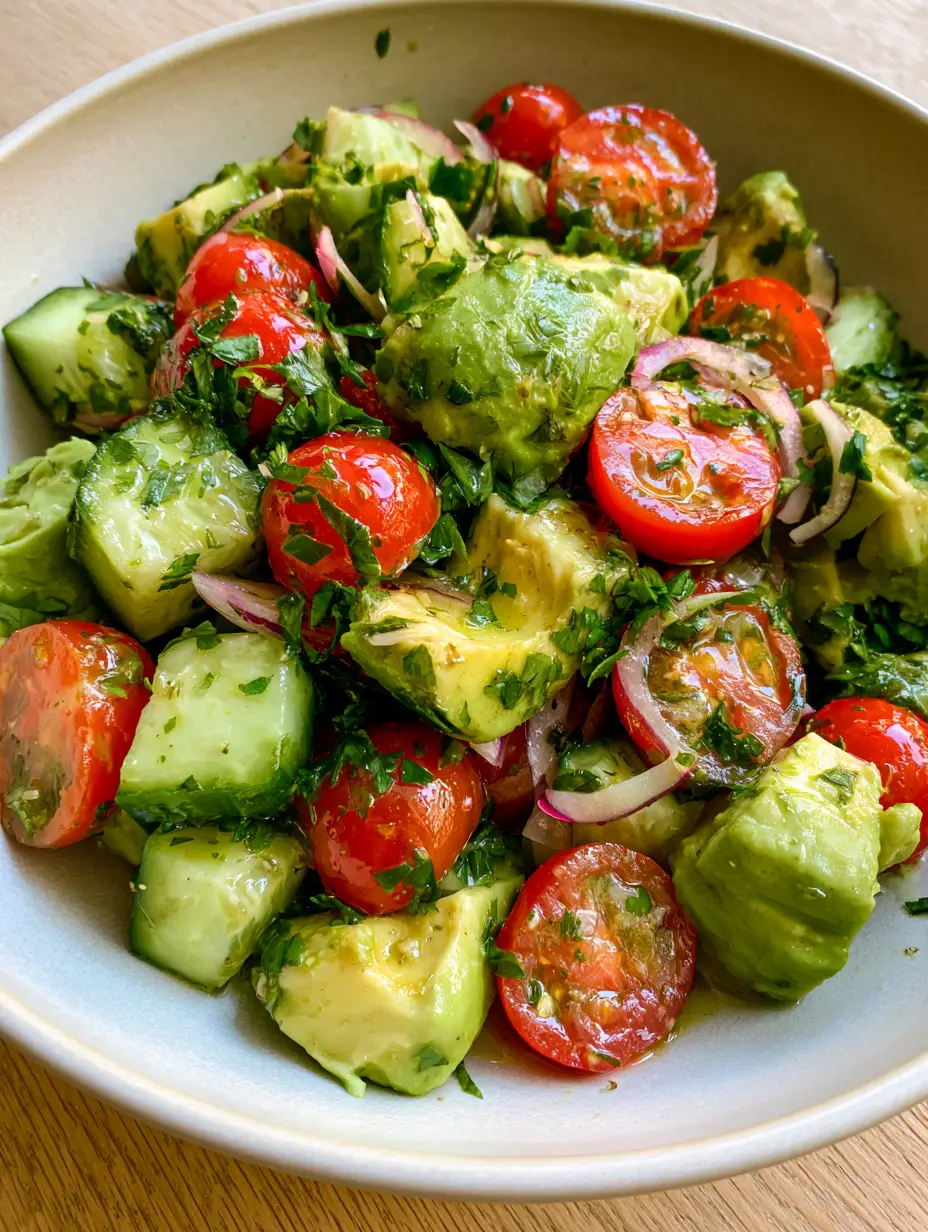 A handheld photo of Cucumber Tomato Avocado Salad in a matte white bowl with high-detail textures. (Cucumber Tomato Avocado Salad)