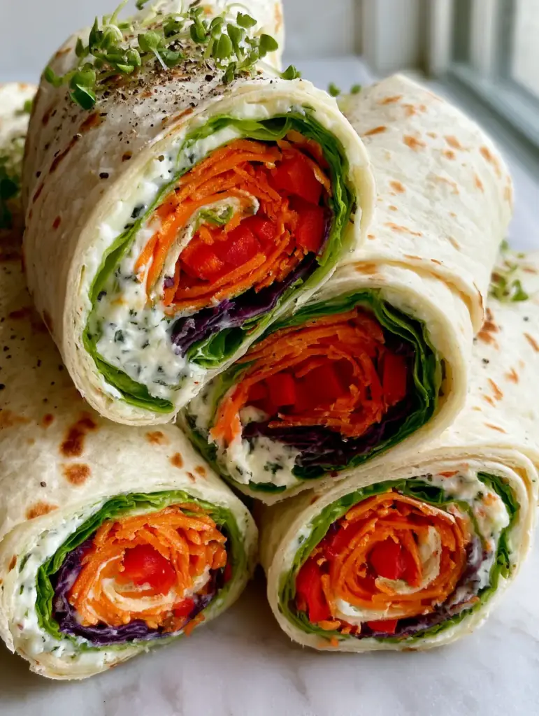 Tightly packed spirals of Vegetable Tortilla Roll Ups featuring purple cabbage and orange carrots.