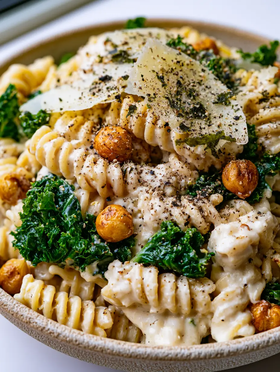 Macro view of fusilli ridges coated in thick opaque ivory vegan Caesar dressing with dulse flakes. (Vegan Caesar Pasta Salad)