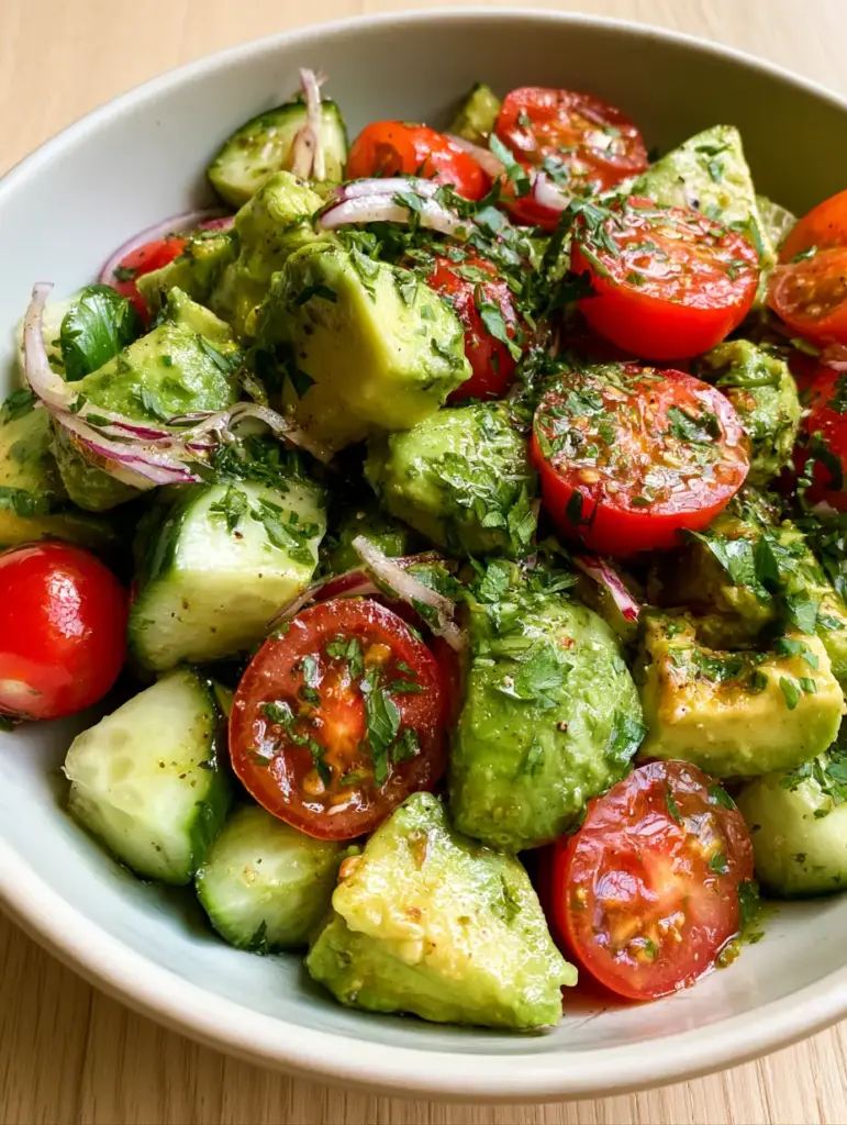 Close up of cubed English cucumbers and halved cherry tomatoes in a Cucumber Tomato Avocado Salad.