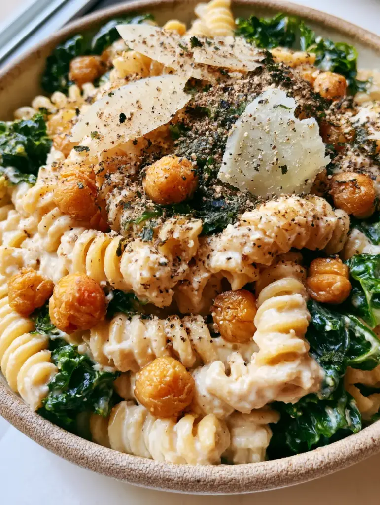 Close up of blistered roasted chickpeas and translucent vegan parmesan shavings on a bed of kale. (Vegan Caesar Pasta Salad)