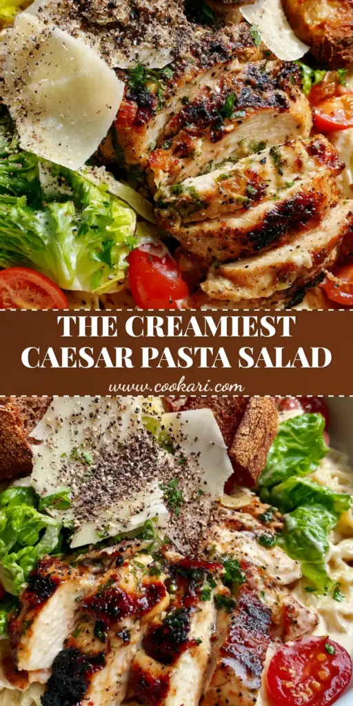 A gourmet Caesar pasta salad in a white bowl featuring farfalle pasta, grilled chicken strips with char marks, and sourdough croutons.