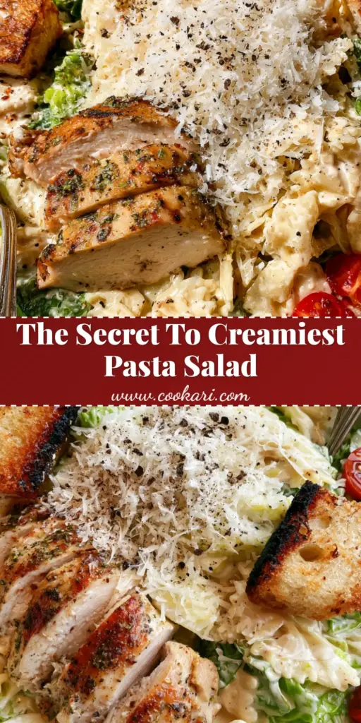 Bird's-eye view of a wide white bowl overflowing with chicken Caesar pasta salad, glossy dressing, and seared chicken slices.