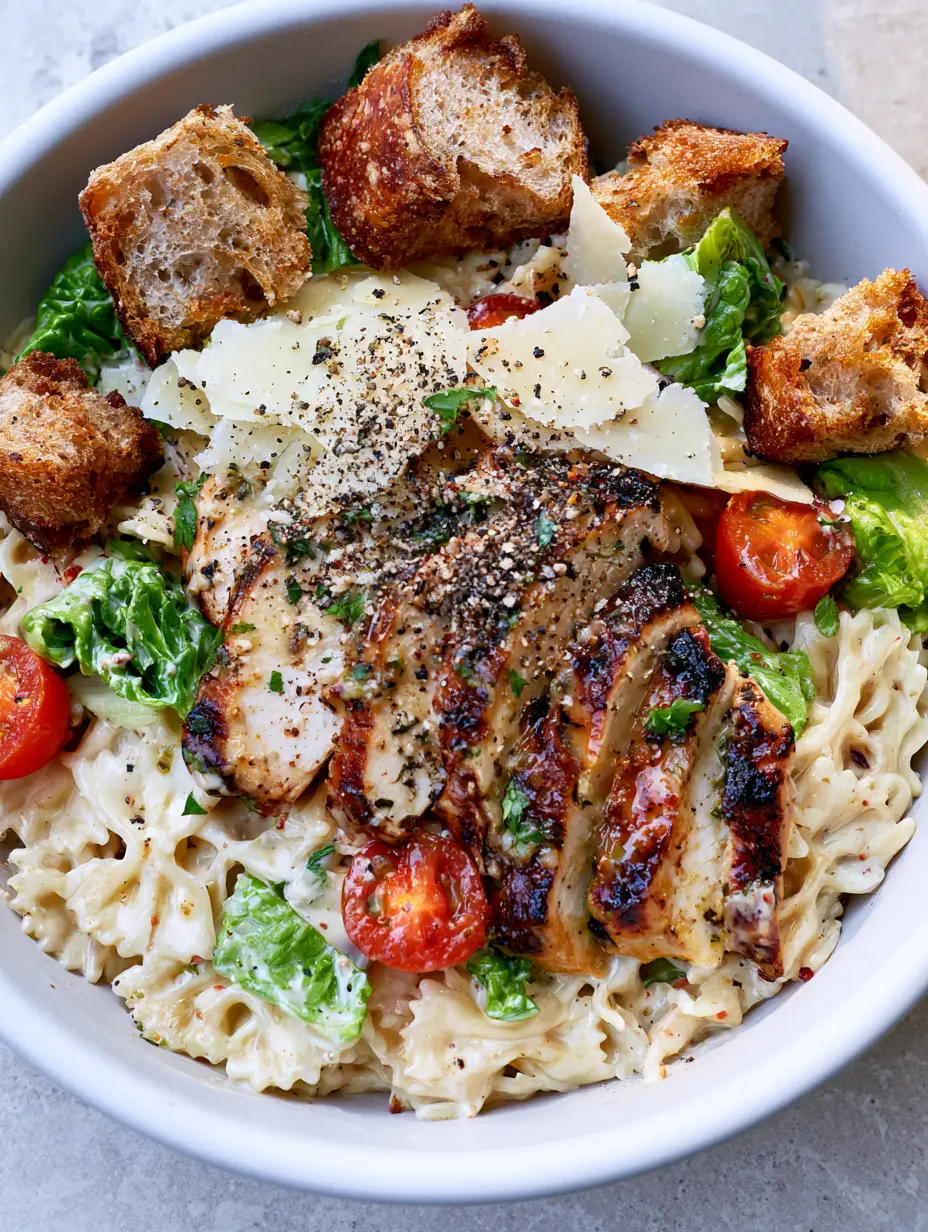 Top-down shot of Caesar pasta salad with velvet dressing, emerald romaine, and ruby-red tomatoes.