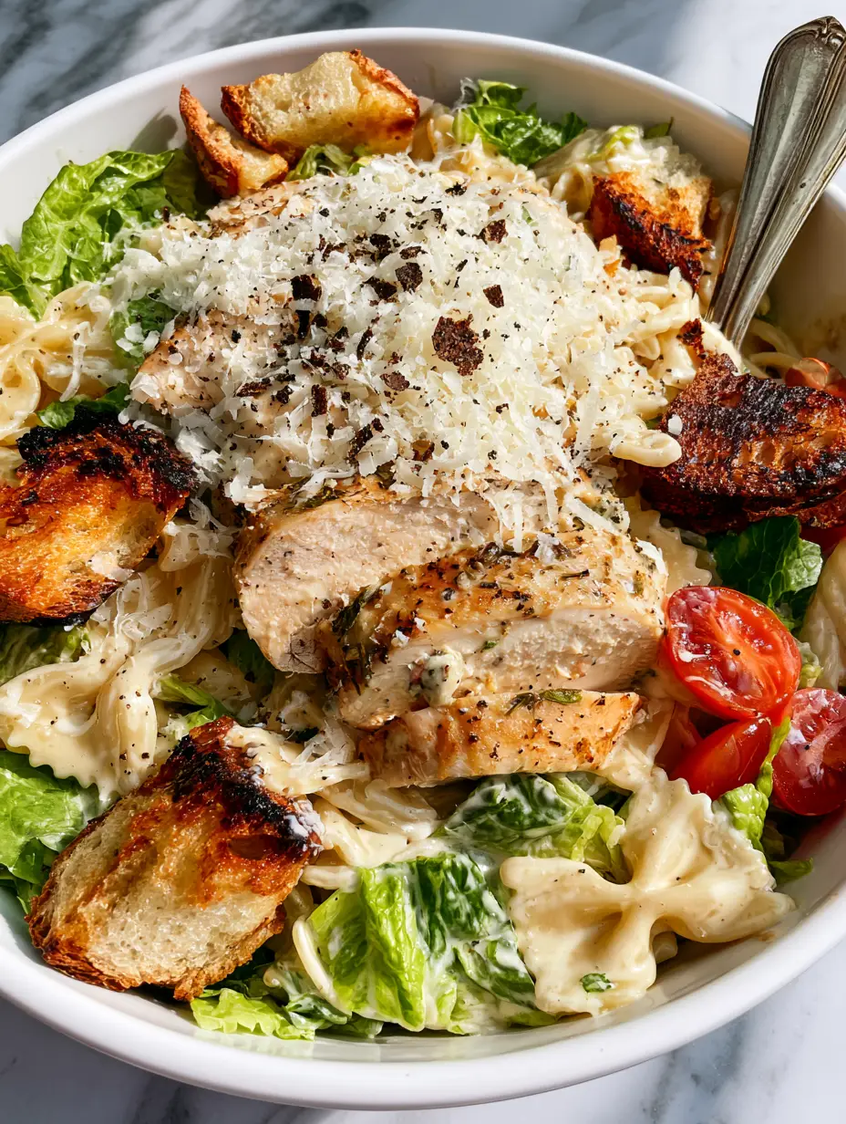 Gourmet chicken Caesar pasta salad with velvety ivory dressing and ruby-red cherry tomatoes in a white ceramic bowl.