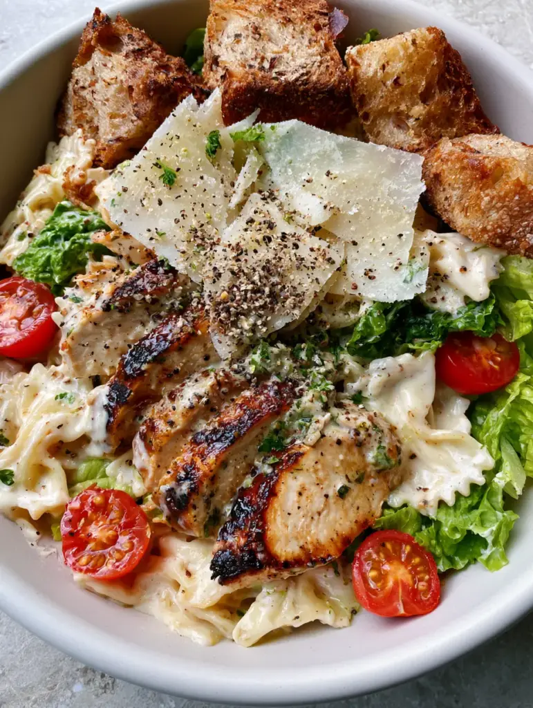 Close up of grilled chicken slices with char marks and thick sourdough croutons on a Caesar pasta salad.