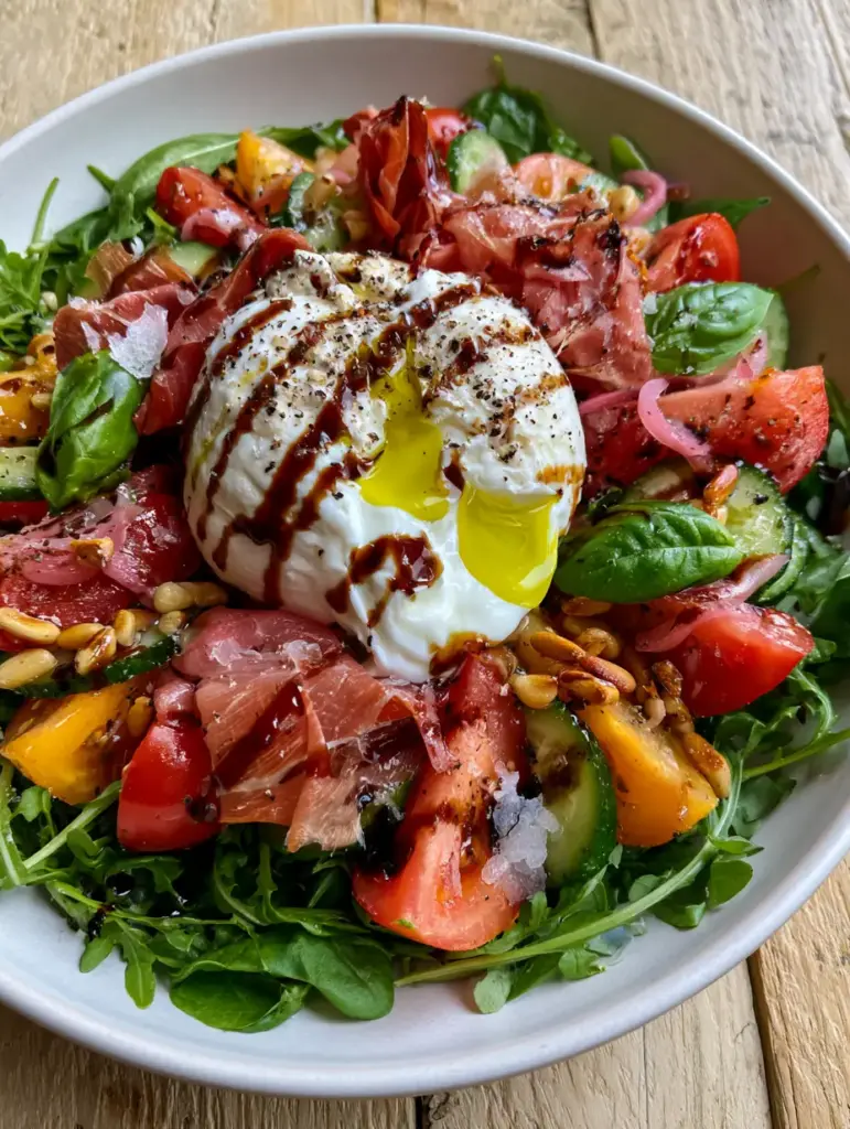 Summer Dinner Recipes: The Ultimate Mediterranean Burrata and Prosciutto Summer Bowl 2 Close up of torn creamy burrata cheese with flowing stracciatella and prosciutto ribbons (summer dinner recipes)