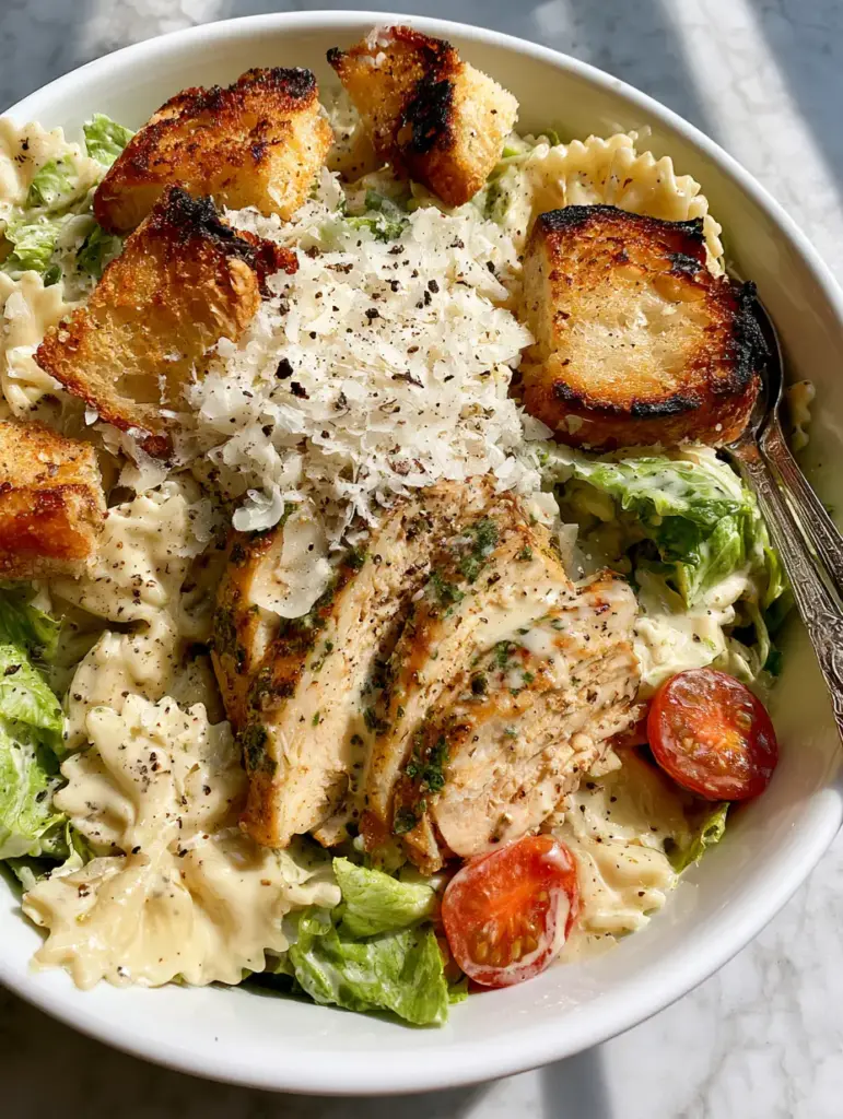 Close up of seared rotisserie chicken slices with golden-brown skin over farfalle pasta and charred sourdough croutons.