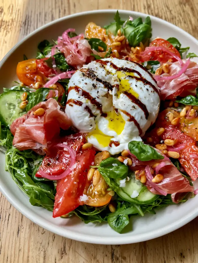 Summer Dinner Recipes: The Ultimate Mediterranean Burrata and Prosciutto Summer Bowl 1 Overhead view of a Mediterranean bowl with heirloom tomatoes, cucumbers, and balsamic drizzle (summer dinner recipes)