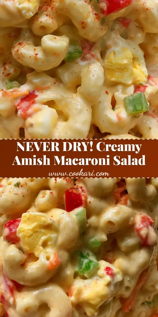 Amish Macaroni Salad Recipe: The Ultimate Creamy Summer Classic 4 A large silver spoon lifting a scoop of glistening Amish macaroni salad from a white bowl, showing the thick pale-yellow dressing and colorful vegetables. (Amish macaroni salad recipe)