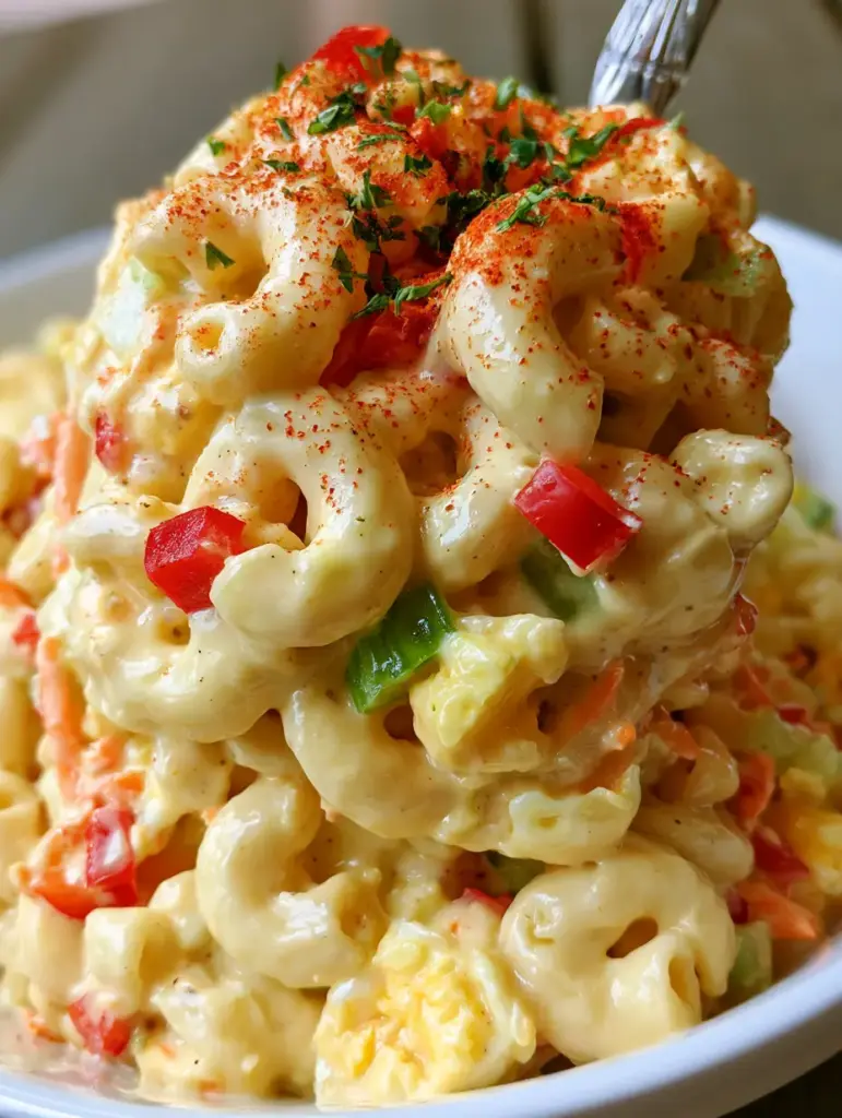 Amish Macaroni Salad Recipe: The Ultimate Creamy Summer Classic 2 Close-up handheld photo of Amish macaroni salad with chunky eggs, red peppers, and a glossy dressing dusting with paprika. (Amish macaroni salad recipe)