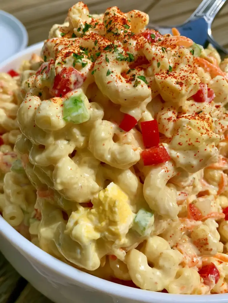 Amish Macaroni Salad Recipe: The Ultimate Creamy Summer Classic 1 Smartphone photo of Amish macaroni salad in a white ceramic bowl on a sunny picnic table. (Amish macaroni salad recipe)