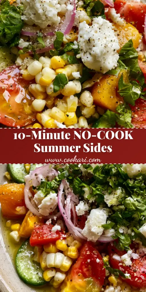Overhead shot of a colorful summer vegetable side dish with heirloom tomatoes, corn, and cucumbers in a stoneware bowl. (summer vegetable side dishes)