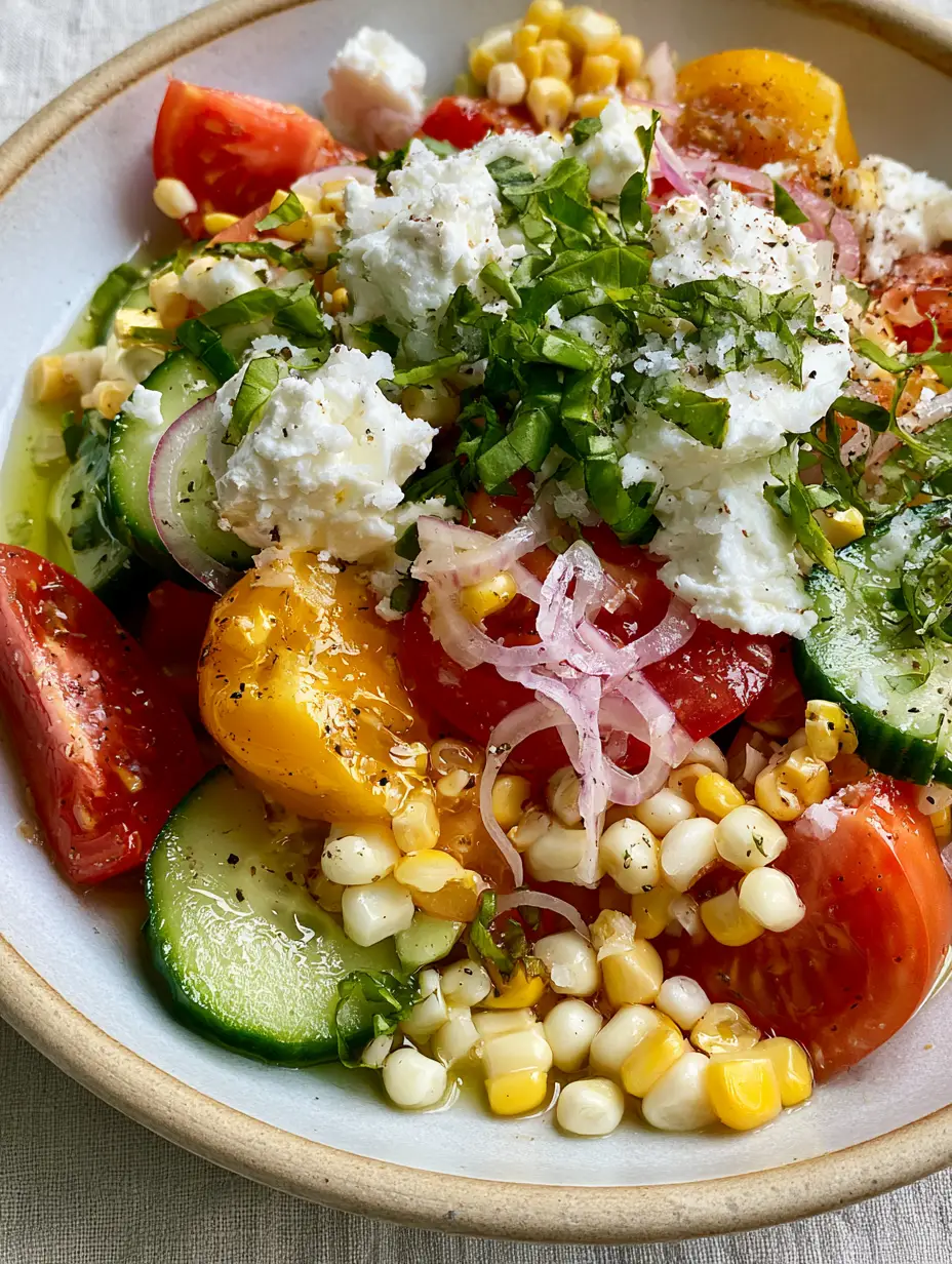 Macro shot showing glossy lemon vinaigrette on sliced Persian cucumbers and ruby heirloom tomatoes. (summer vegetable side dishes)