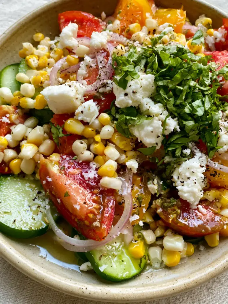Freshly shorn sweet corn kernels and torn basil leaves scattered over a colorful summer vegetable side dish. (summer vegetable side dishes)