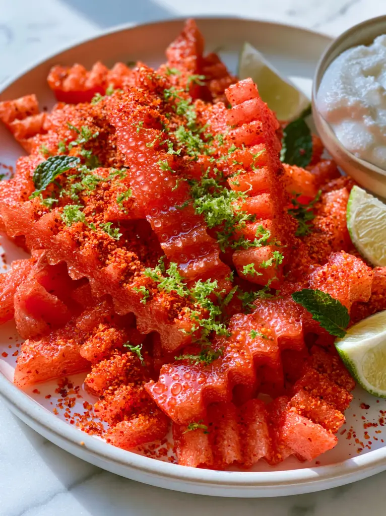 Watermelon Fries with Zesty Chili-Lime Seasoning and Chilled Coconut Yogurt 1 Smartphone photo of a white ceramic plate with watermelon fries and a side of creamy coconut dip.