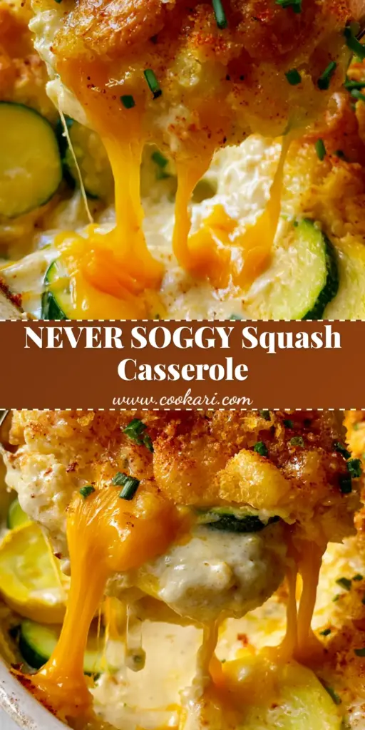 A serving spoon lifting a cheesy portion of Yellow Squash and Zucchini Casserole with a golden Ritz cracker crust.